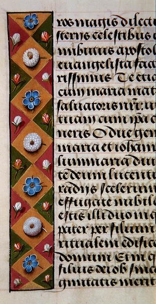 Ms. 1058-1975, f.16r: detalje af en blomsterkant fra en timebog, ca. 1500 (vellum) af Flemish School