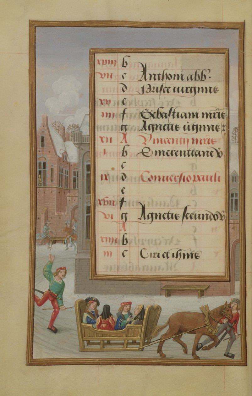 Ms 1058-1975 f1v Street Scene in the Snow, oplyst kalenderside for januar, fra a Book of Hours, ca. 1500 af Flemish School