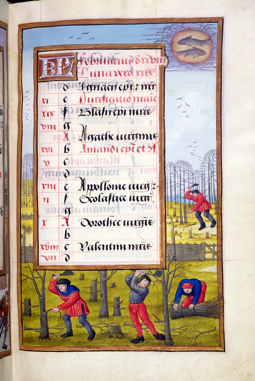 Ms 1058-1975 f2r Cutting Trees and Binding Faggots, oplyst side for februar, fra a Book of Hours, ca.1500 af Flemish School