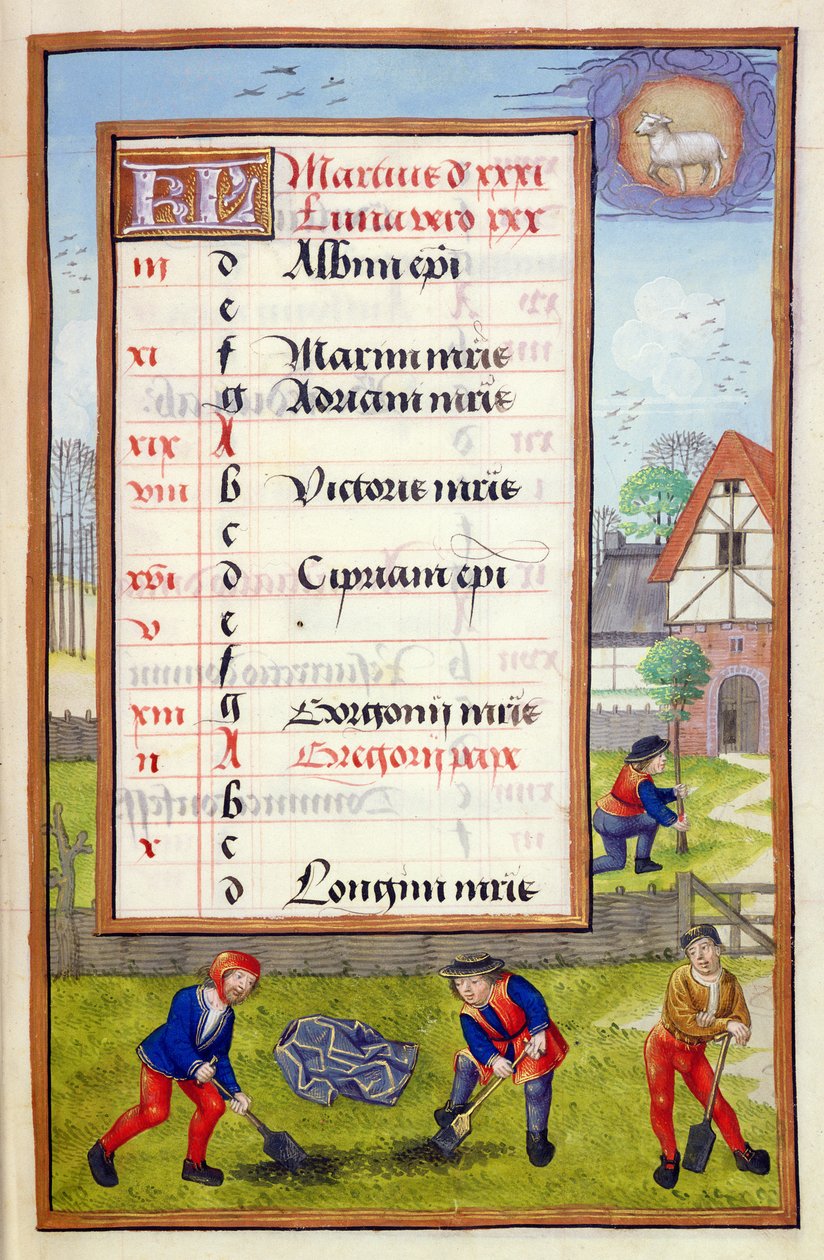 Ms 1058-1975 f3r Gravning og træplantning, oplyst kalenderside for marts, fra en timebog, ca. 1500 af Flemish School