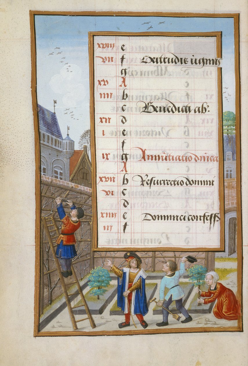 Ms 1058-1975 f3v Ejer giver ordrer til sine gartnere, oplyst kalenderside for marts, fra en timebog, ca. 1500 af Flemish School
