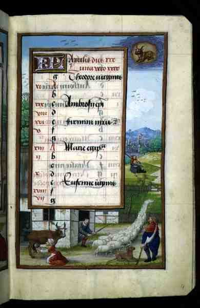 Ms 1058-1975 f4r Farmyard Scene, oplyst kalenderside for april, fra a Book of Hours, ca. 1500 (vellum) af Flemish School