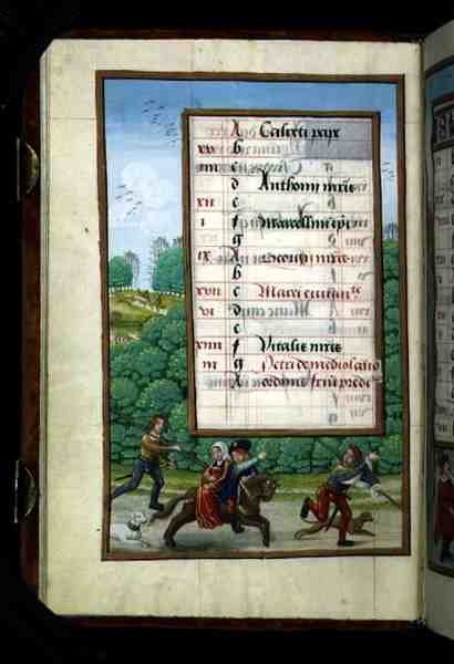 Ms 1058-1975 f4v A Master and his Lady Ride with the Hunt, oplyst kalenderside for april, fra a Book of Hours, ca. 1500 (vellum) af Flemish School