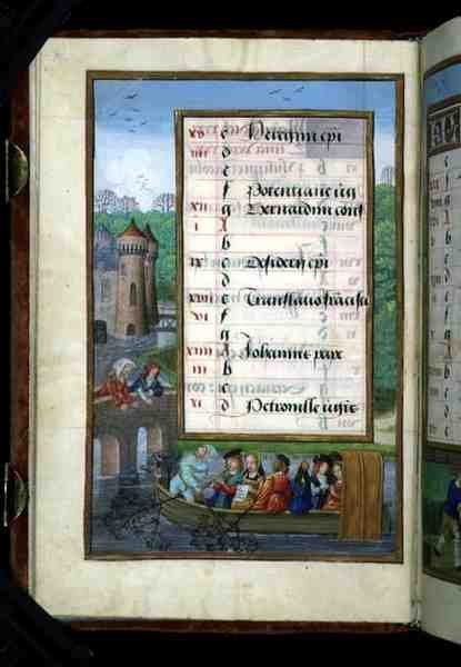Ms 1058-1975 f5v En sejlads på en flod, illumineret kalenderblad for maj, fra en timebog, ca. 1500 (pergament) af Flemish School