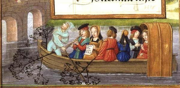 Ms 1058-1975 f.5v Musikere, der sejler ned ad en flod, fra en 