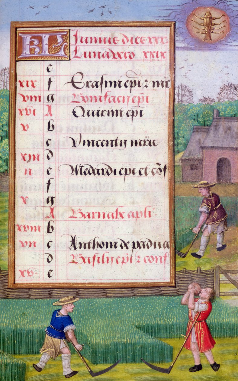 Ms 1058-1975 f6r Slåning af græs, illumineret kalenderblad for juni, fra en timebog, ca. 1500 (pergament) af Flemish School