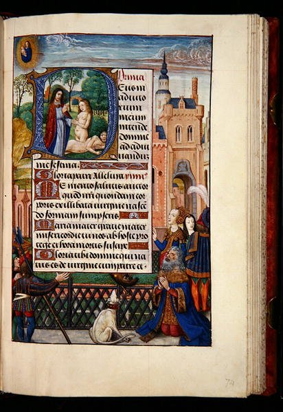 Ms 1058-1975, f.74r: Kong David beder til Jomfruen og Barnet og en historisk initial D, der skildrer skabelsen af Eva, fra en Timebog, Brugge, ca. 1510 (guldblæk & tempera på pergament) af Flemish School