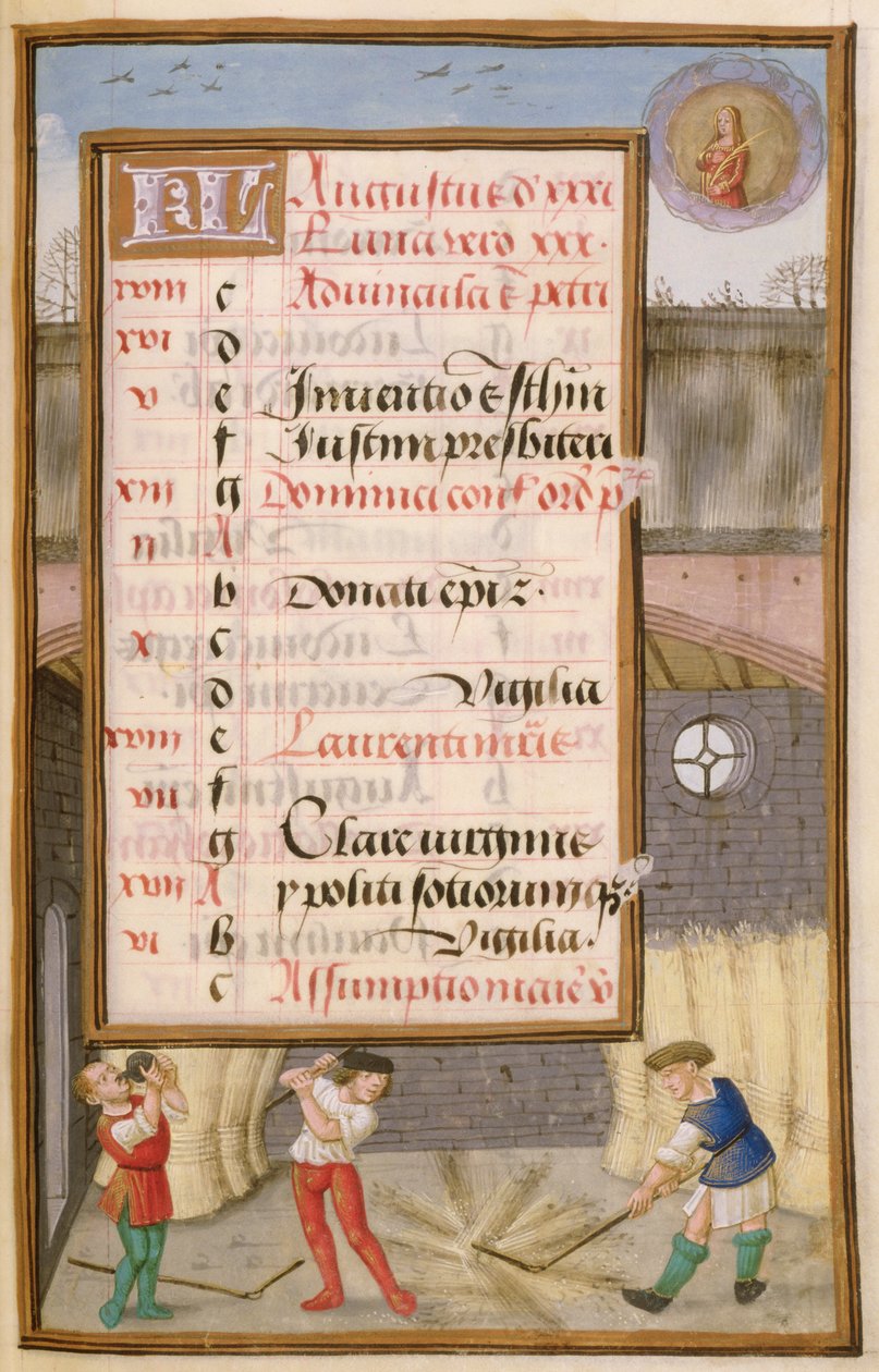 Ms 1058-1975 f8r Threshing Corn in the Lad, oplyst kalenderside for august, fra a Book of Hours, ca.1500 af Flemish School