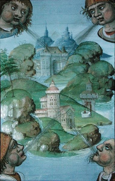 Ms Hunter 9 f.47v Fire vinde, der blæser i hjørner på et havomkredslandskab, fra 