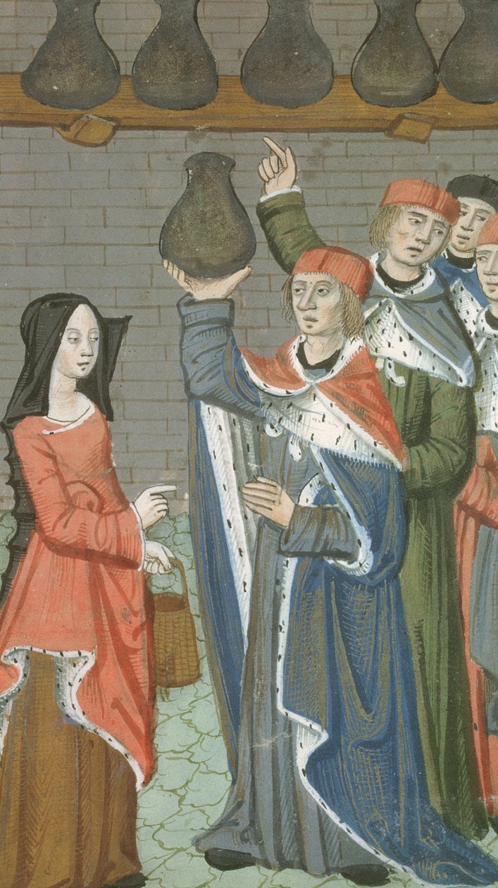 Ms Hunter 9 f.84r Kvinde med kurv, der bringer urinalis magnus, fra De Medina Fen I. II, af Avicenna (980-1037) af Flemish School