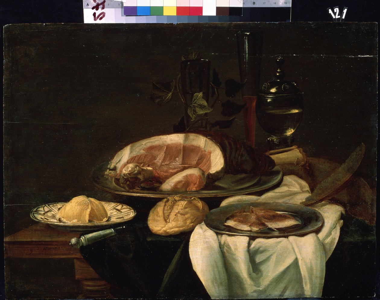 "Still life" (Still life) Skinke, brød og smør. hollandsk skolemaleri. 1650 Mikhail Kroshitsky kunstmuseum, Sevastopol (Sevastopol) Ukraine af Flemish School