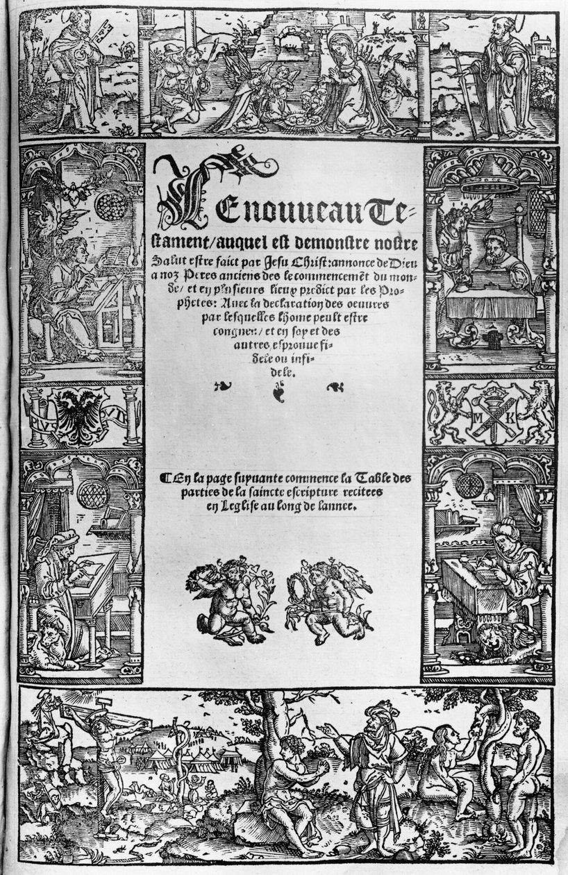 Ny Testamentes titelside på en fransk oversættelse af Jacques Lefevre dEtaples (1450?-1537) udgivet i Antwerpen i 1531 af Flemish School