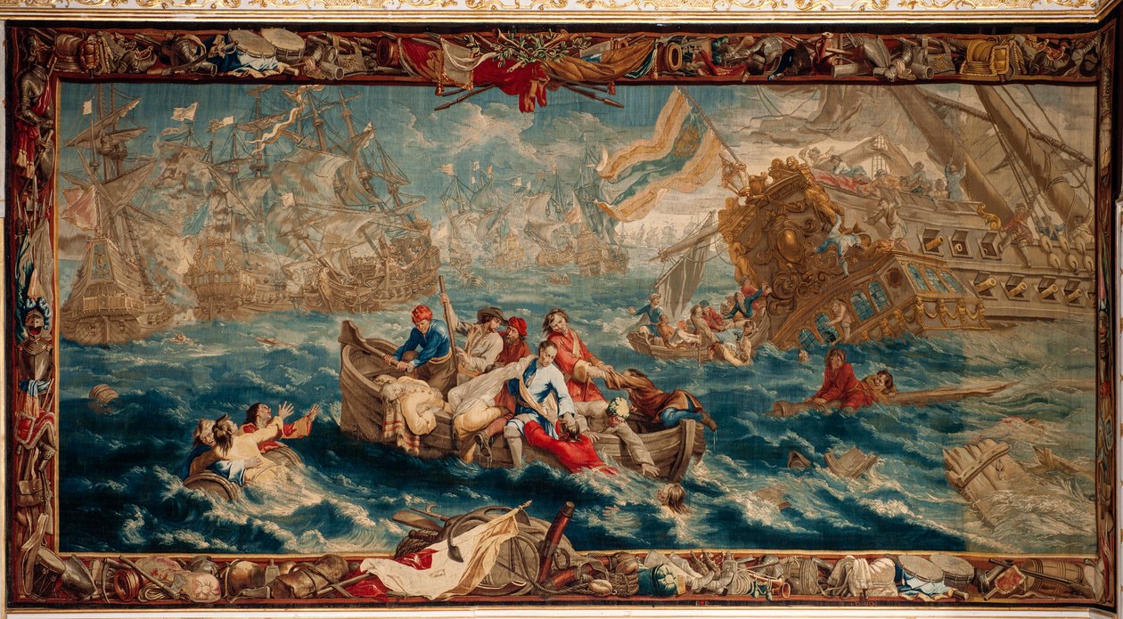 Slottet (Schlossanlage Schleissheim). flamsk gobelin. Bruxelles studie Judocus De Vos. Design Lambert De Hondt. Søslag ved La Hogue (søslag ved La Hogue). 400x792 cm. Uld og silke. Ca 1715 - 1724. af Flemish School