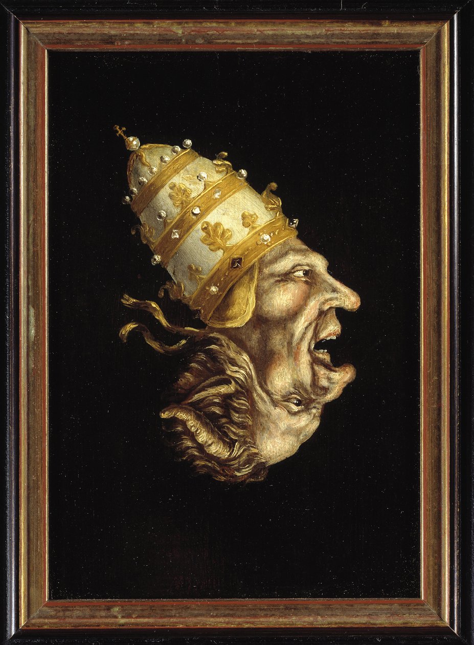""Pave-djævelen"" (pave djævelen) Luthersk karikatur mod paven, der repræsenterer pavens profil indlejret i djævelens - Anonymt maleri, ca. 1600 (hollandsk) Museum Catharijneconvent, Utrecht Holland af Flemish School