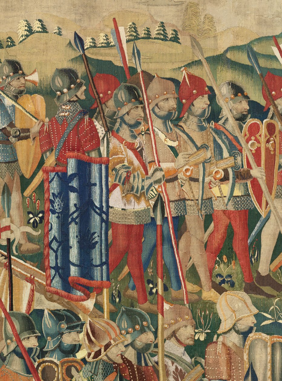 Sogns museum for gobeliner (Pastrana Parish Museum of Tapestries). flamsk gobelin. Landingen ved Arzila (Landingen ved Arzila, Desembarco og Arzila). Serie Conquests of King Alfonso I of Portugal (Conquests of King Alfonso V of Portugal). Turnering. Uld af Flemish School