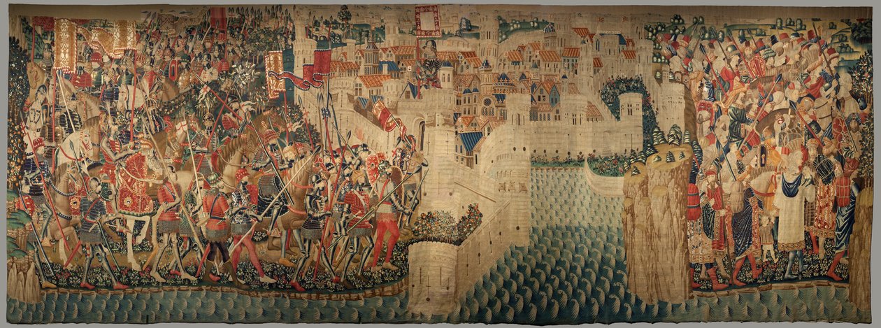 Sognemuseum for gobeliner (Parish Museum of Pastrana Tapestries). flamsk gobelin. Erobring af Tanger (overtagelse af Tanger, De inname van Tanger). Serie Erobringer af kong Alfonso I af Portugal. Tournai. Uld og silke af Flemish School