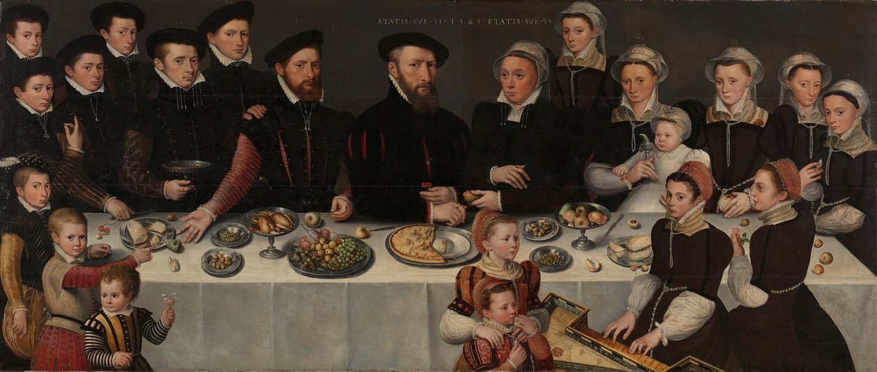 Pierre de Moucheron, hans kone Isabeau de Gerbie og deres atten børn, 1563 af Flemish School