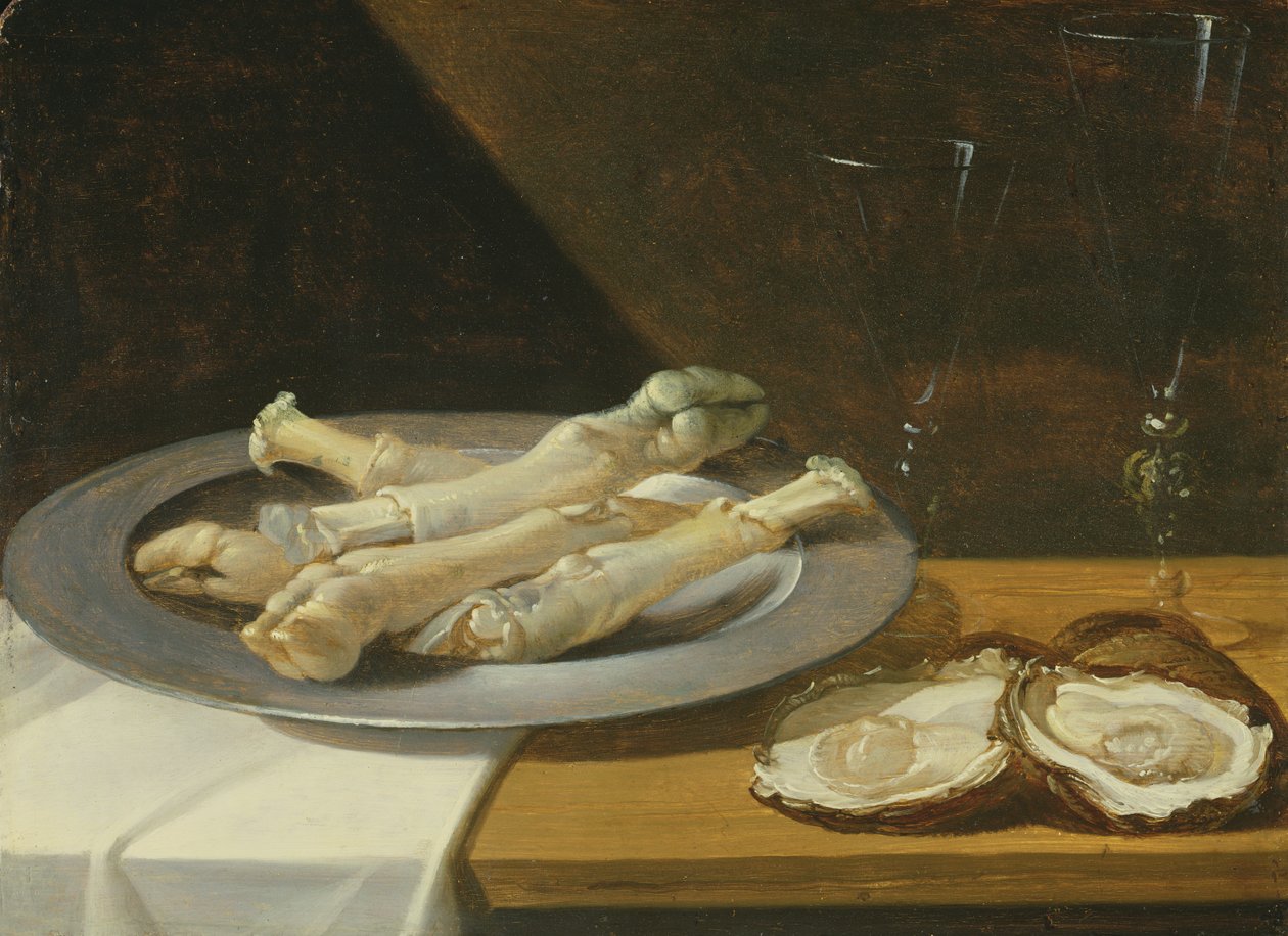 Grise knoer på en tintallerken med østers og vinglas på et draperet bord, ca. 1630 af Flemish School