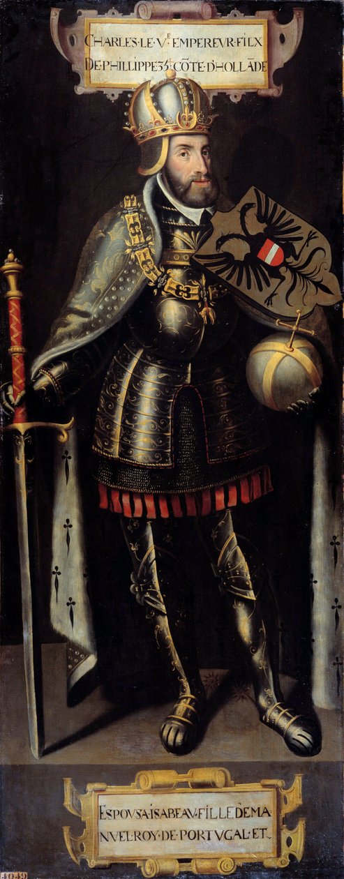 Portræt af Karl V (1500-1558) konge af Spanien, kejser af Det Hellige Romerske Rige. Maleri af den flamske skole af Flemish School
