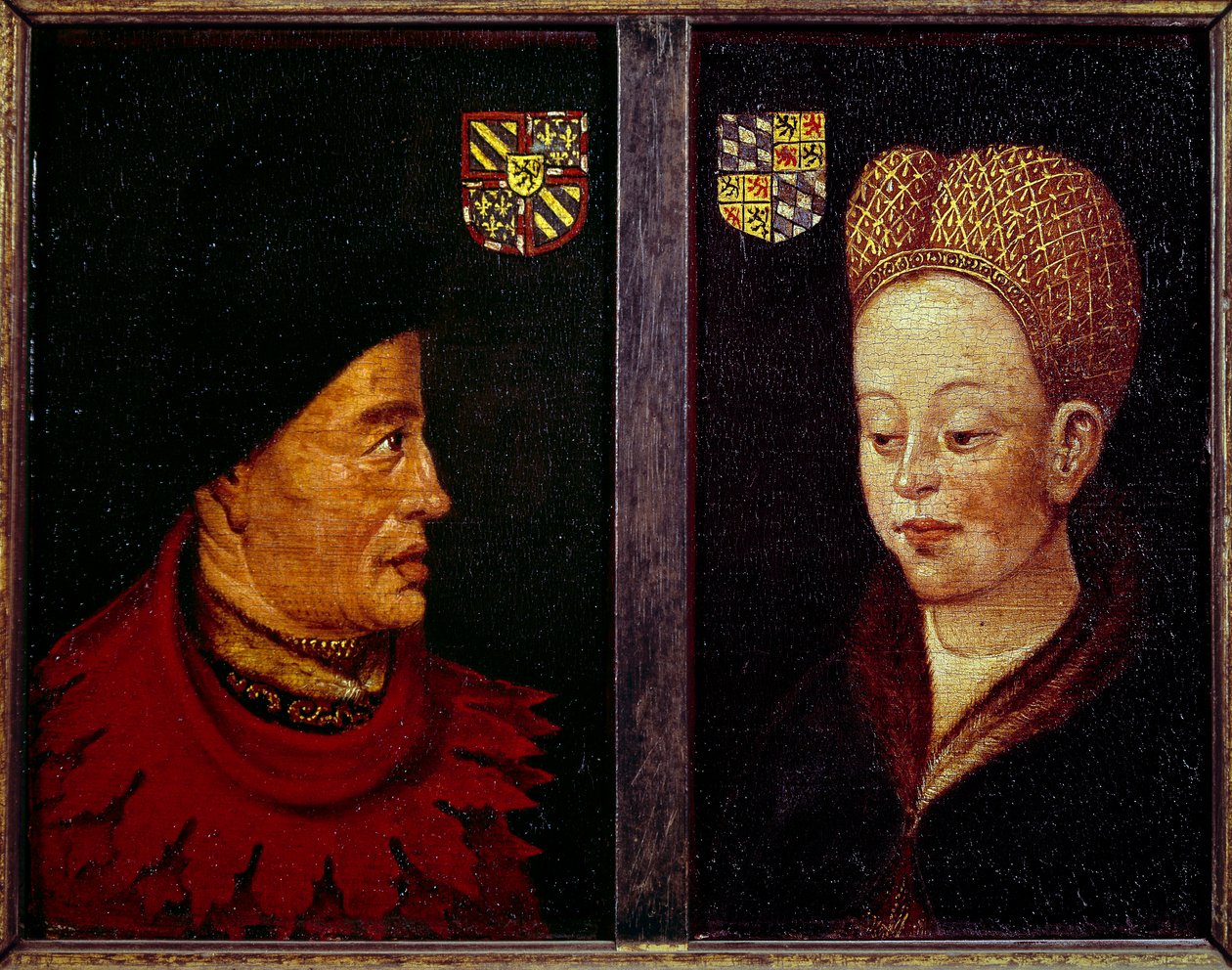 Portræt af Johannes uden frygt, hertug af Bourgogne (1371-1419) og Marguerite de Baviere, hertuginde af Bourgogne (1363-1423) Træmaleri af den flamske skole. Gent fra det 15. århundrede, Museum of Fine Arts af Flemish School