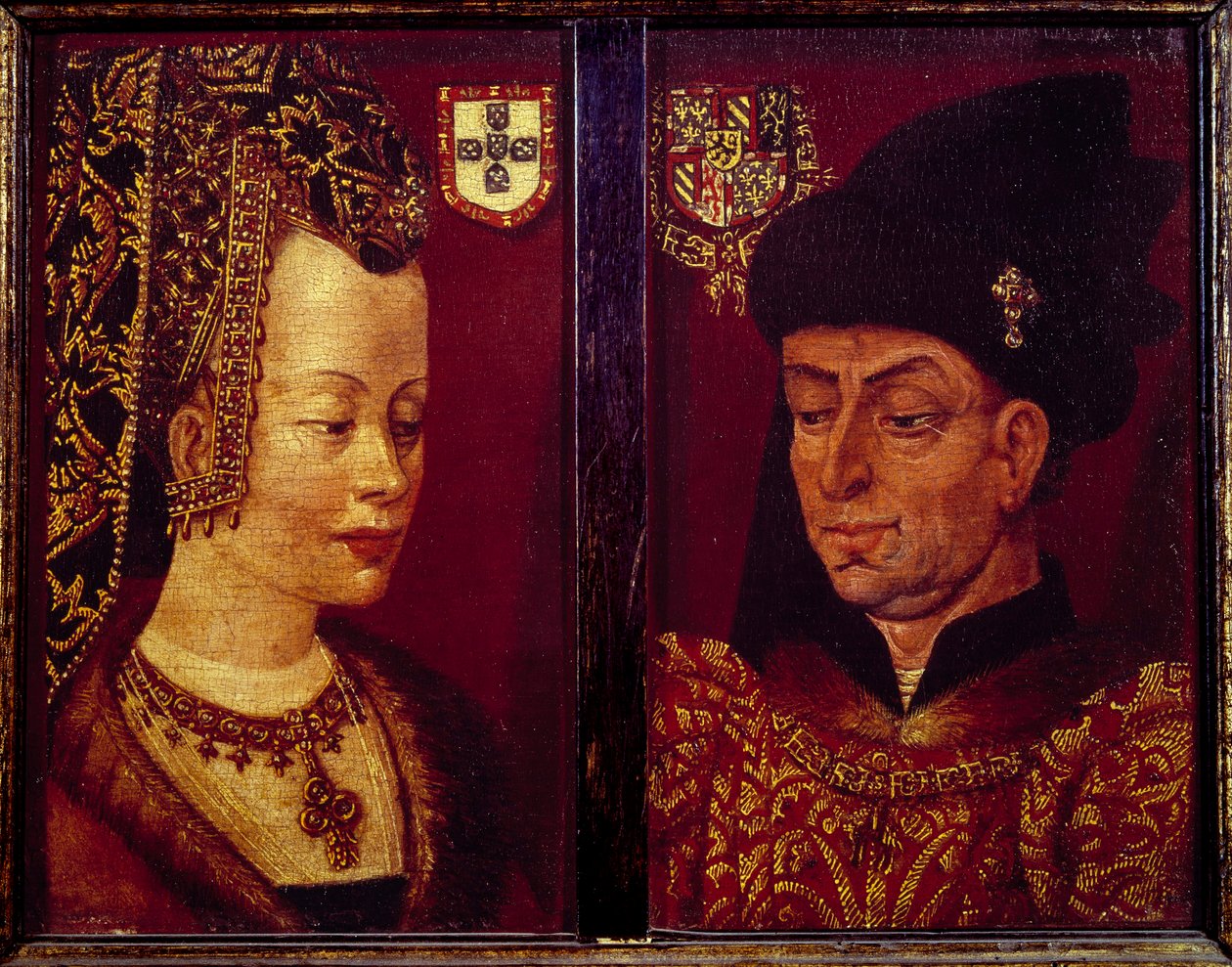 Portræt af Filip den Gode, hertug af Bourgogne (1396-1467) og Isabella af Portugal, hertuginde af Bourgogne (1397-1472) Maleri på træ af den flamske skole. Gent Museum of Fine Arts fra det 15. århundrede af Flemish School