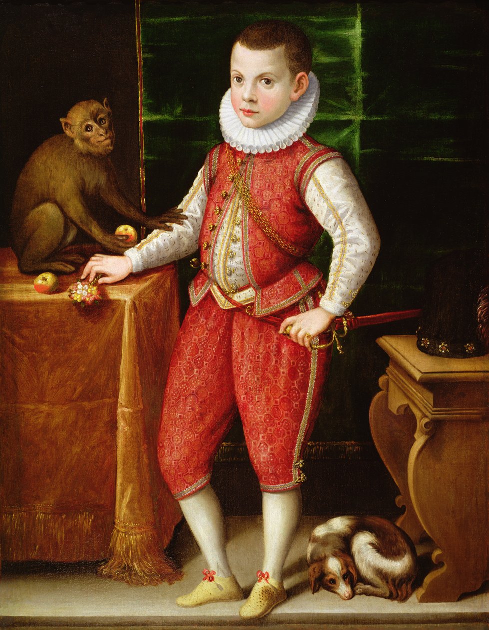 Portræt af en ung adelsmand med en abe og en hund, ca. 1615 af Flemish School