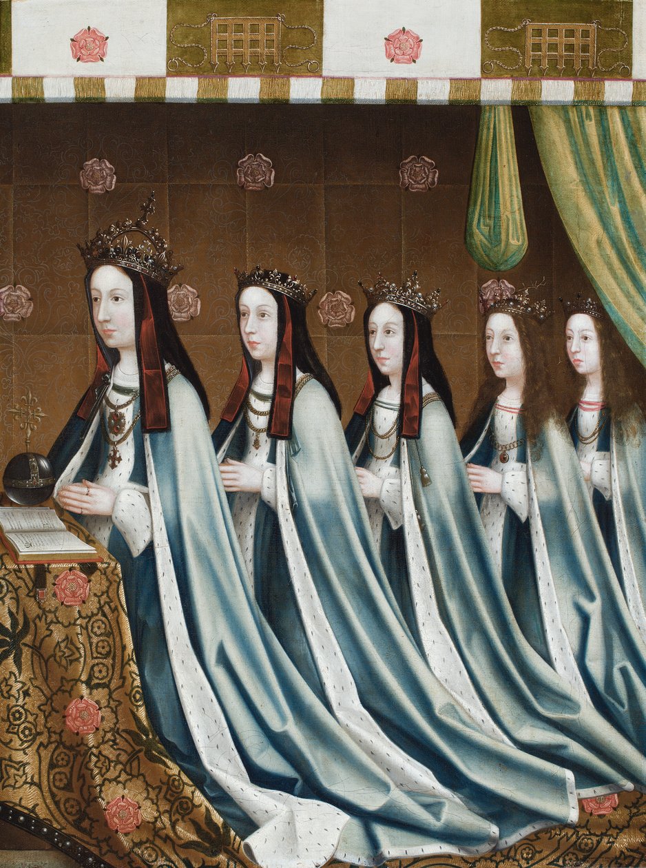Portrætter af Elizabeth af York, dronning af England, og hendes fire døtre, Margaret, Elizabeth, Mary og Catherine, ca. 1510 (olie på lærred) af Flemish School