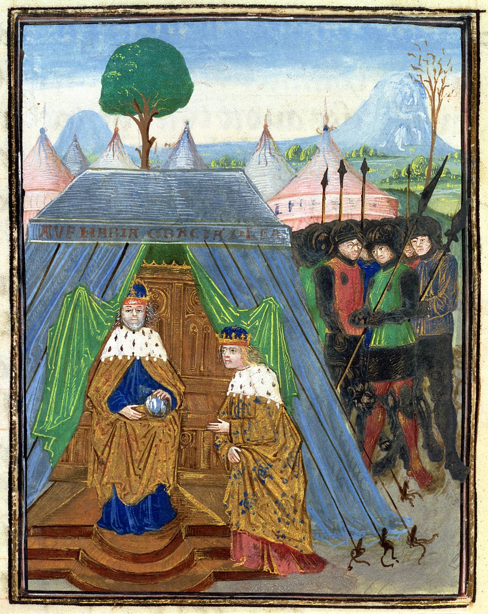 Roy 15 E I f.321v Baldwin II besøger Manuel Comnenus, fra Outremers historie (vellum) . af Flemish School