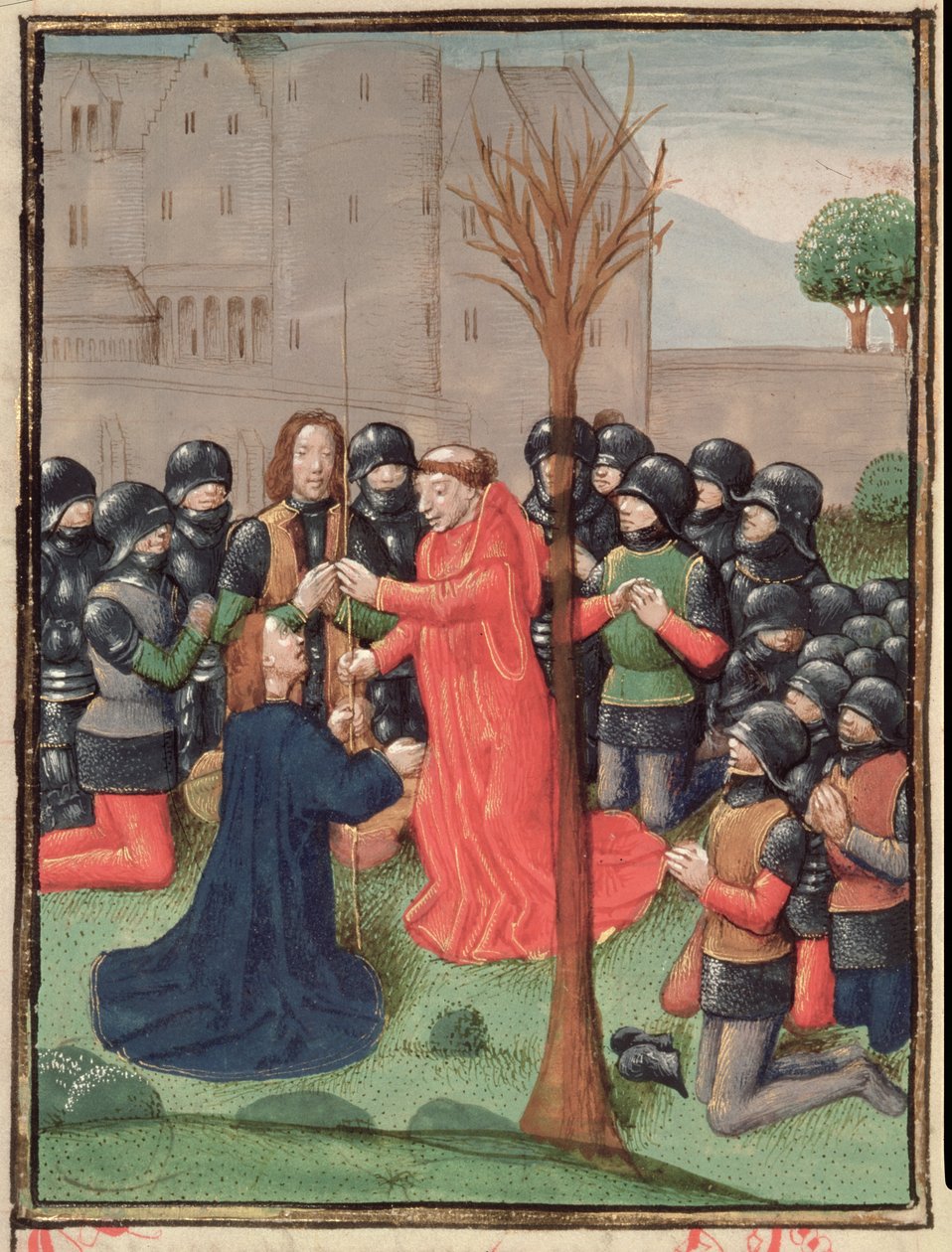 Roy 15 E I f.98v Fundet af det spyd, som Kristus blev gennemboret med, fra Estoire d