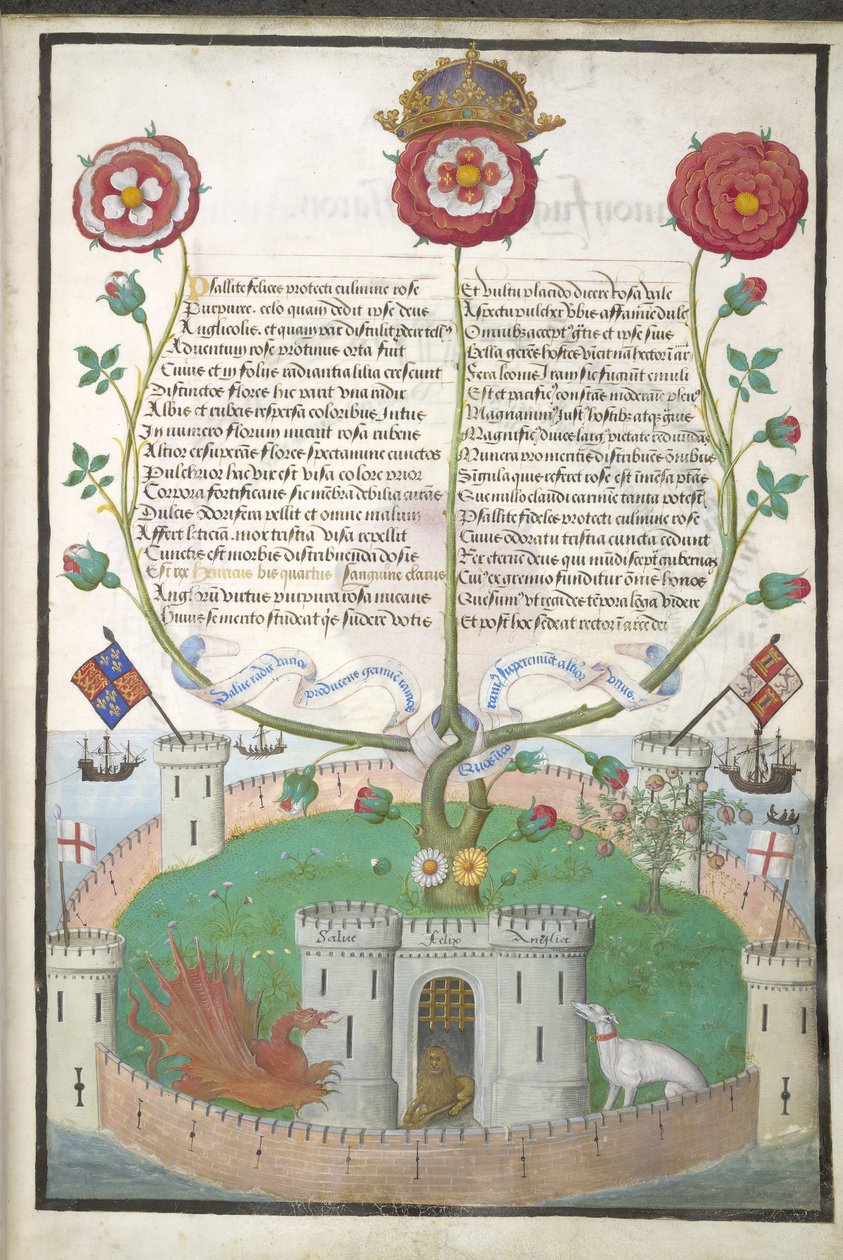 Royal MS 11 E Xl fol.2 Vers med Tudor-symboler, ca. 1516 (vellum) af Flemish School