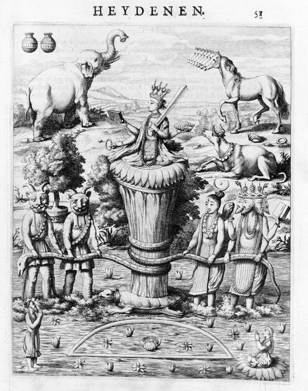 Samudramathana, med deltagelse af Deva (Surya, Shiva, Vishnu, Brahma) med dæmoner og bjerge. Ifølge Baldaeus Philippus Afgoderye der oost-indische Heydenen. Amsterdam 1672 af Flemish School