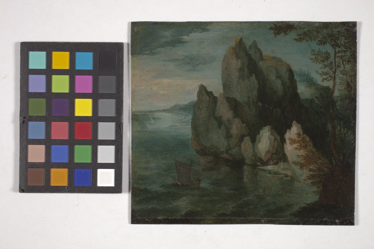 Seascape med en høj klippe (olie på kobber) af Flemish School