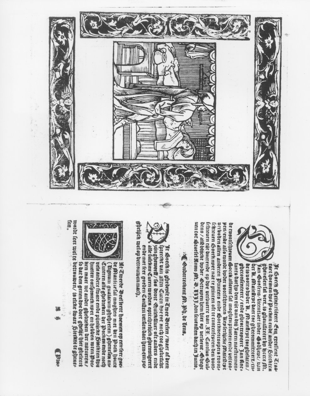 Sygesenge med et koppeoffer, illustration fra en medicinsk afhandling af Paracelsus (1493-1541) pub. 1553 af Flemish School
