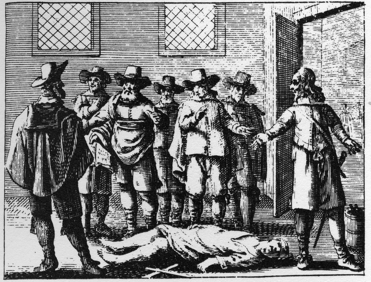 Troldmand, der er bukket under for tortur - indgravering af 1725 i "" La Sorcellerie demasquee"" (