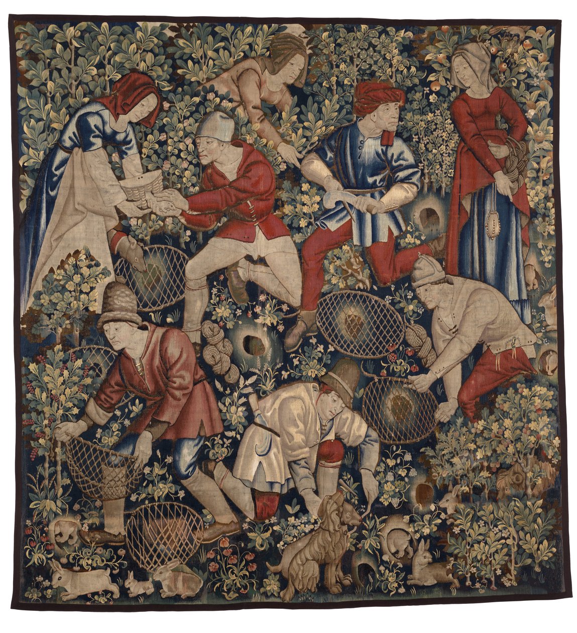 Vægtæppe, der forestiller bønder, der jager kaniner med fritter, Tournai, ca. 1450-75 (uld) af Flemish School