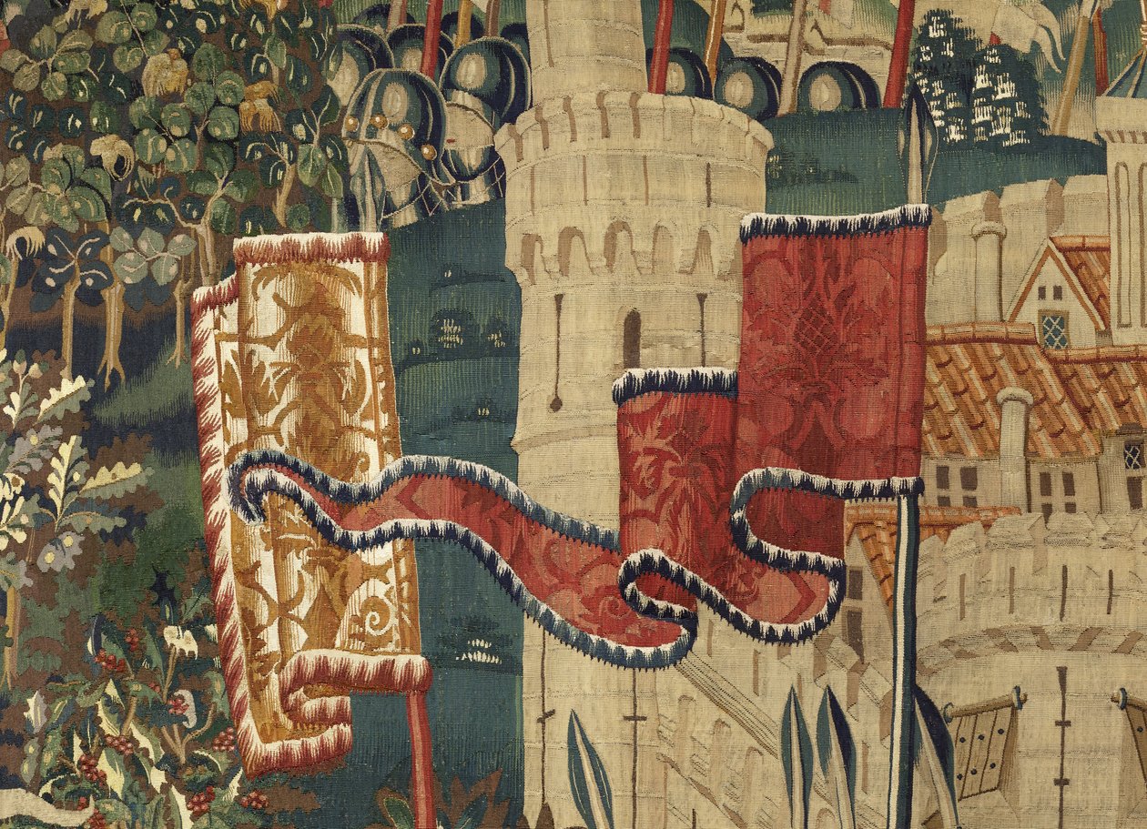 Tapestry, der viser erobringer af kong Alfonso v fra Portugal (Conquistas de Alfonso mod de Portugal), Tournai. Detalje. (Uld og silke) af Flemish School