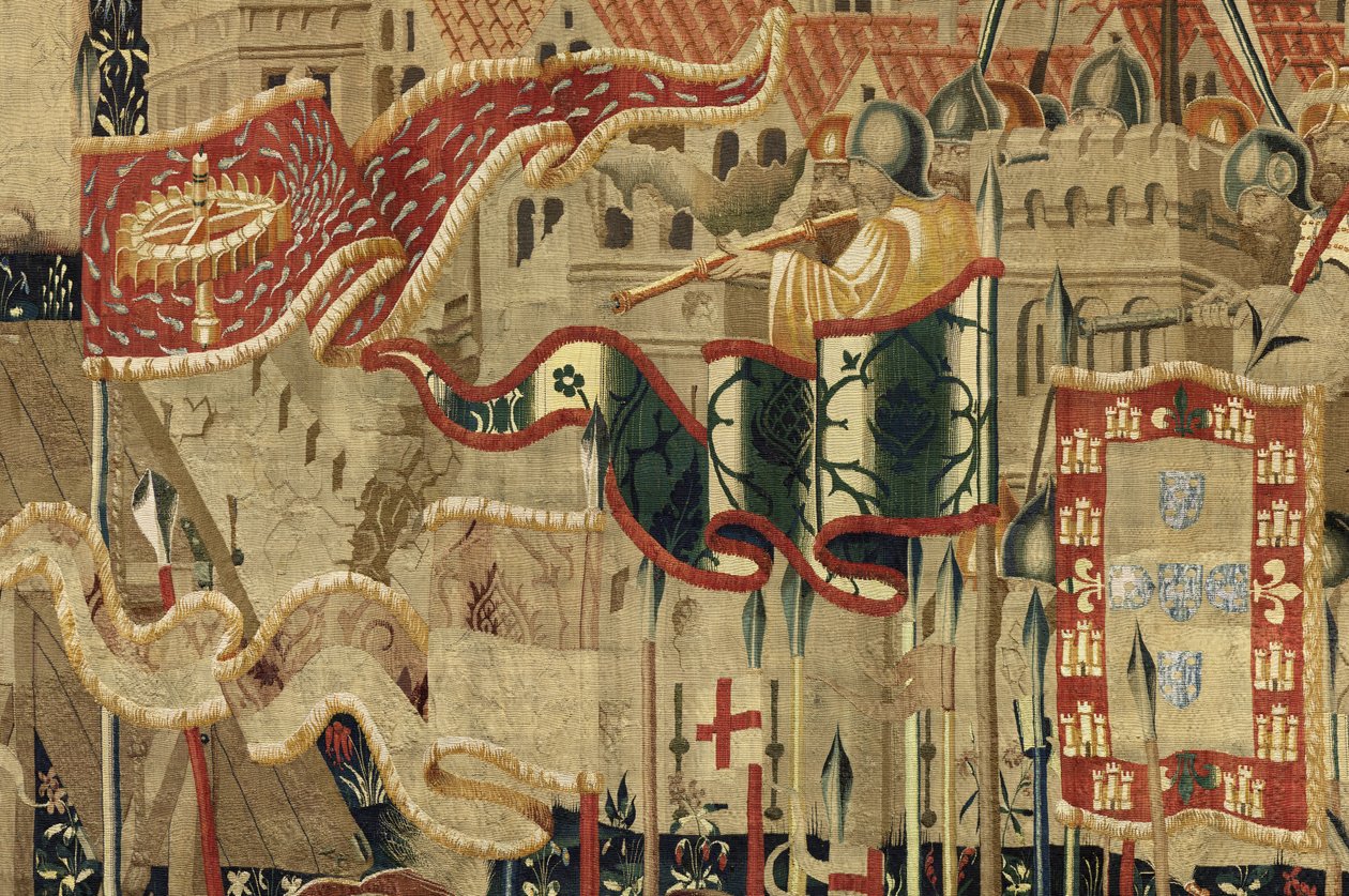 Gobelin, der viser erobringerne af kong Alfonso V af Portugal (Conquistas de Alfonso V de Portugal), Tournai. Detalje. (uld og silke) af Flemish School
