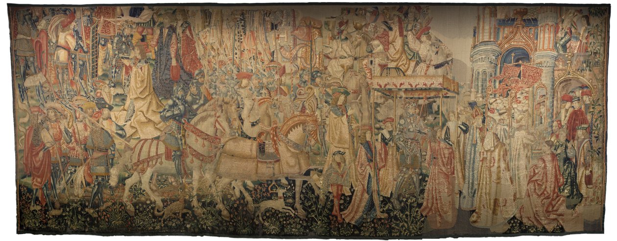 Gobelin, der viser erobringerne af kong Alfonso V af Portugal (Conquistas de Alfonso V de Portugal), Tournai. Detalje. (uld og silke) af Flemish School