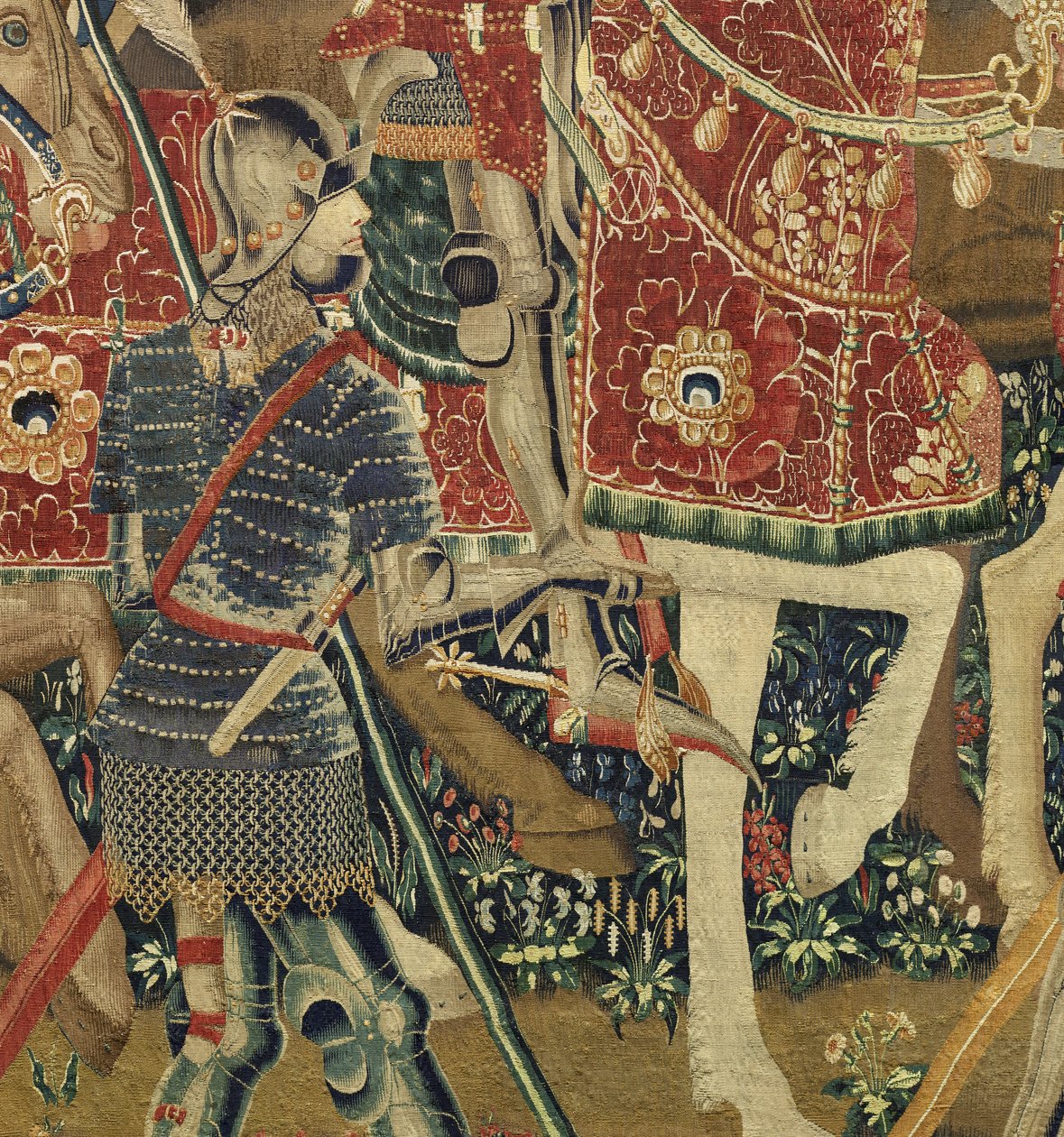 Gobelin, der viser erobringerne af kong Alfonso V af Portugal (Conquistas de Alfonso V de Portugal), Tournai. Detalje. (uld og silke) af Flemish School