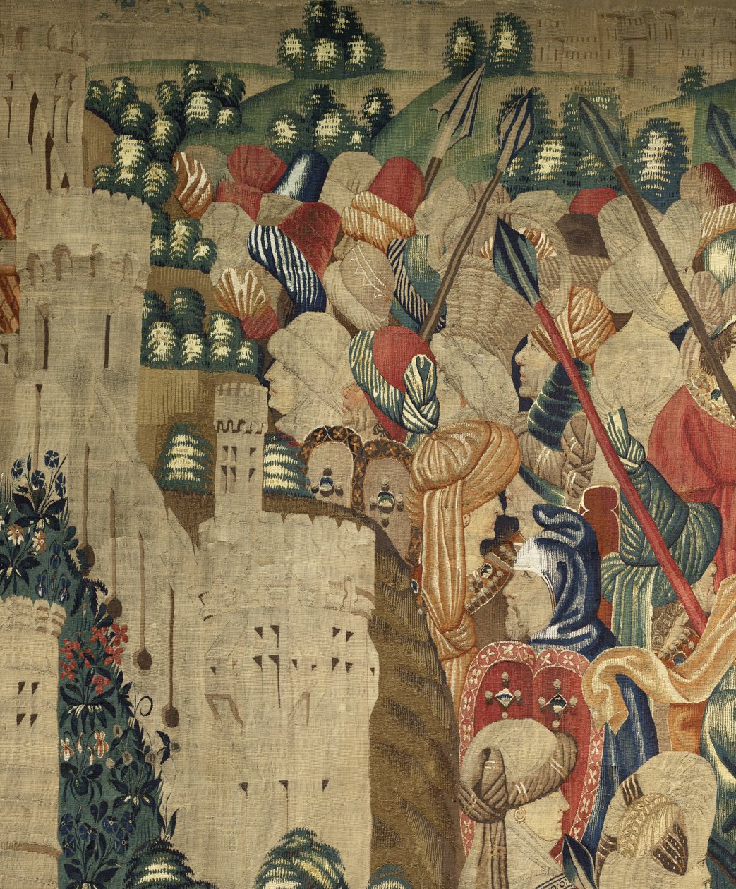 Gobelin, der viser erobringerne af kong Alfonso V af Portugal (Conquistas de Alfonso V de Portugal), Tournai. Detalje. (uld og silke) af Flemish School