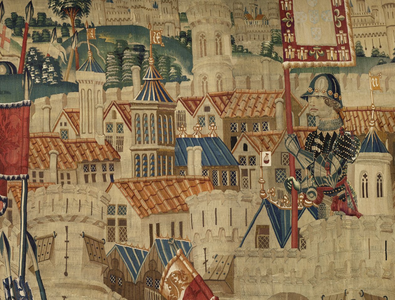 Gobelin, der viser erobringerne af kong Alfonso V af Portugal (Conquistas de Alfonso V de Portugal), Tournai. Detalje. (uld og silke) af Flemish School