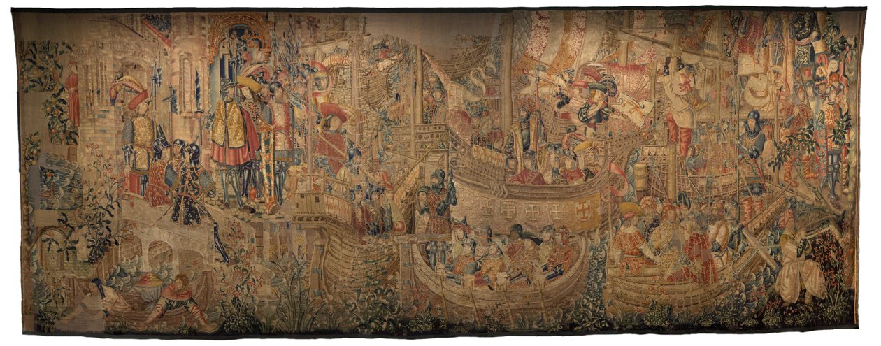 Gobelin, der viser erobringerne af kong Alfonso V af Portugal (Conquistas de Alfonso V de Portugal), Tournai. Detalje. (uld og silke) af Flemish School