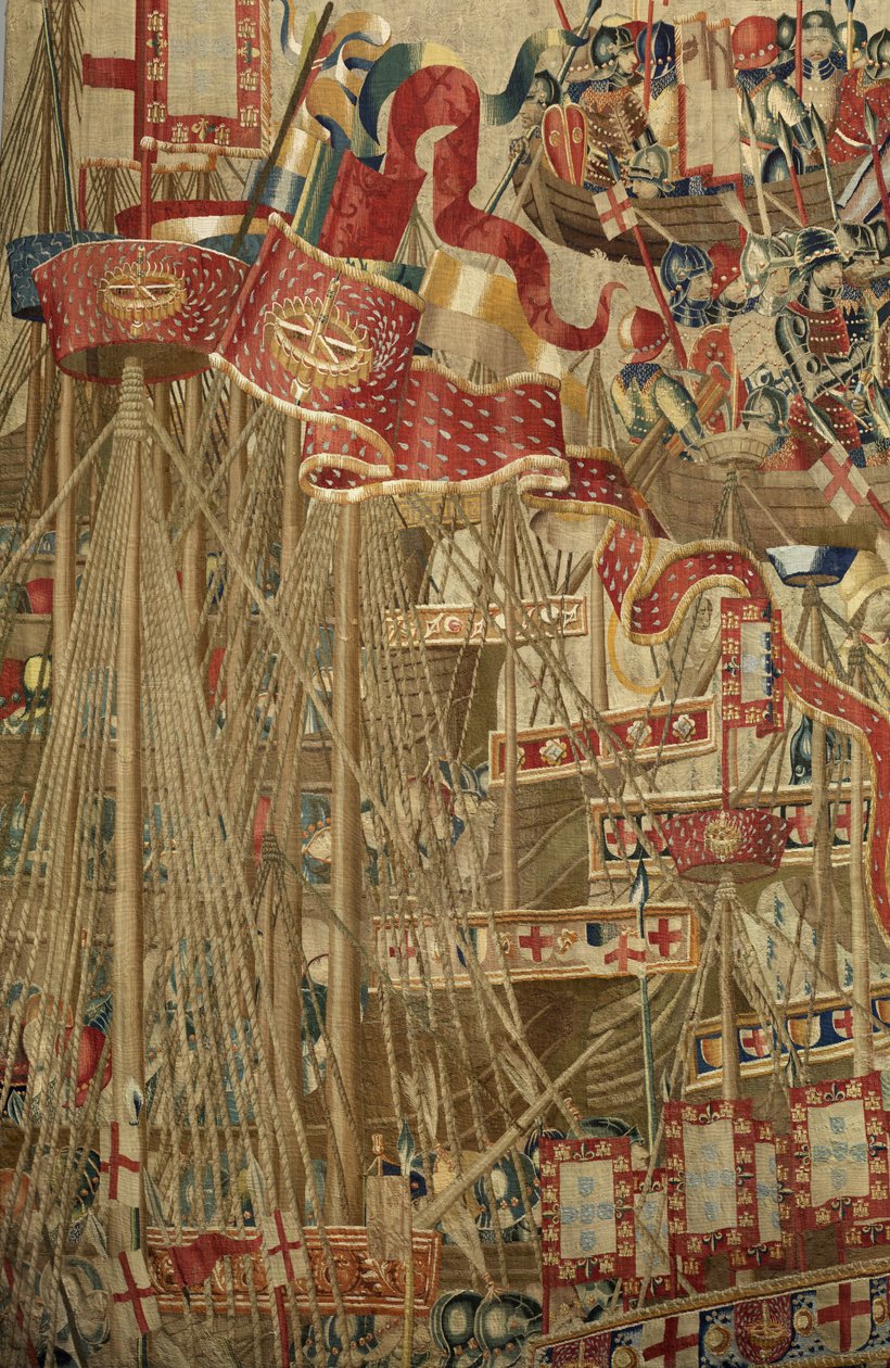 Gobelin, der viser erobringerne af kong Alfonso V af Portugal (Conquistas de Alfonso V de Portugal), Tournai. Detalje. (uld og silke) af Flemish School