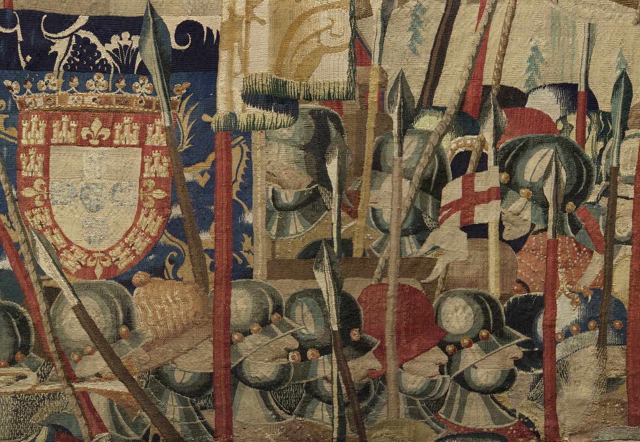 Tapestry, der viser erobringer af kong Alfonso v fra Portugal (Conquistas de Alfonso mod de Portugal), Tournai. Detalje. (Uld og silke) af Flemish School