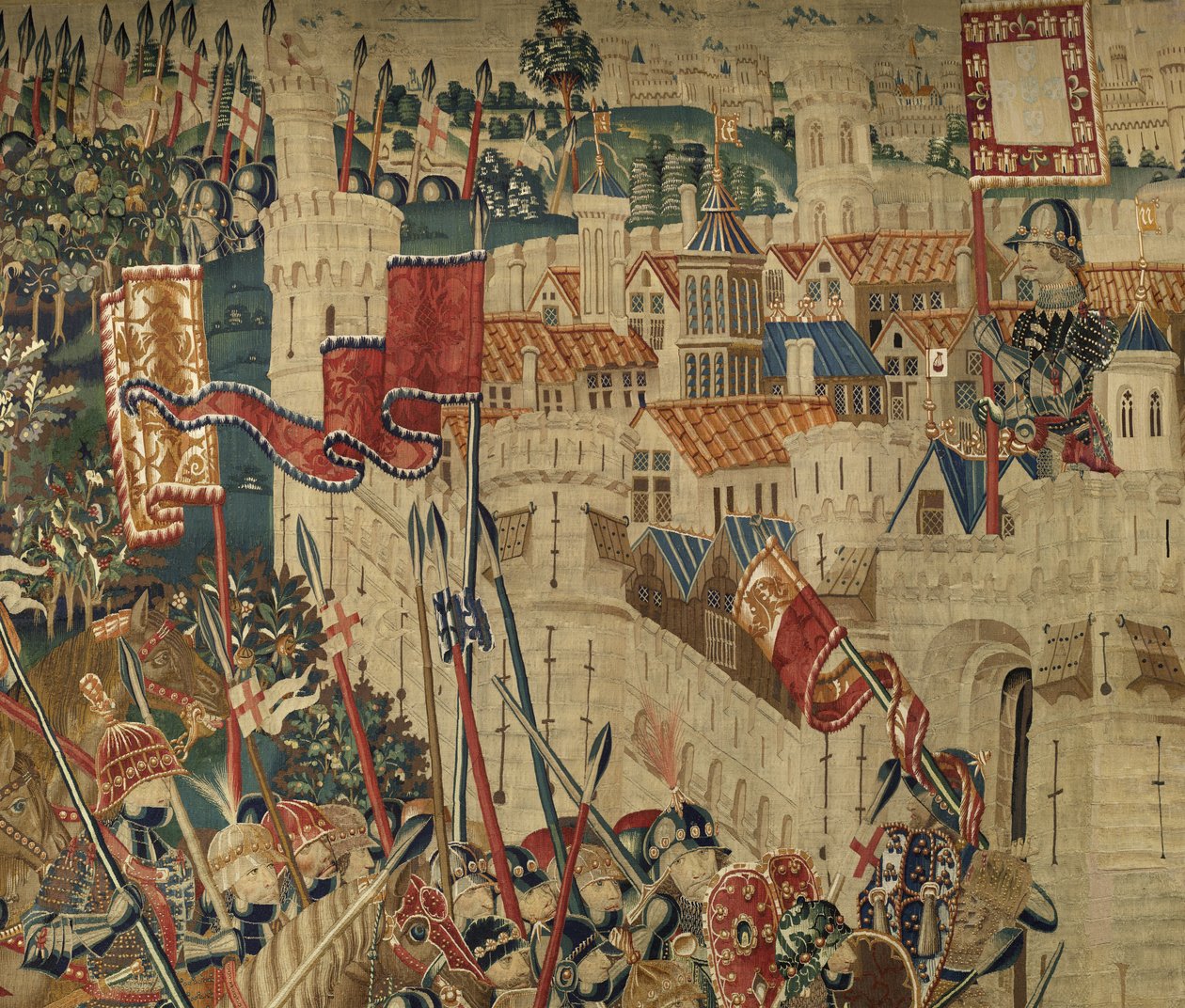 Gobelin, der viser erobringerne af kong Alfonso V af Portugal (Conquistas de Alfonso V de Portugal), Tournai. Detalje. (uld og silke) af Flemish School