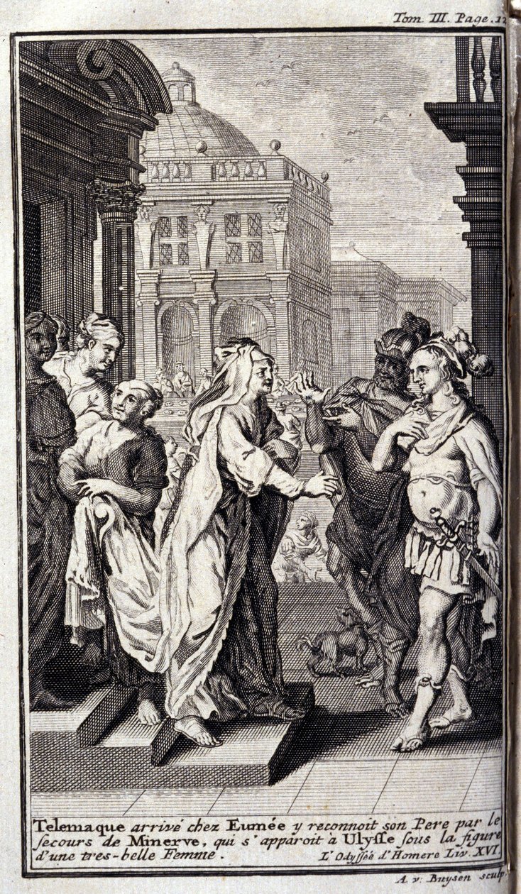 Telemaque ankommer til Eumees hus, genkender sin far ved hjælp af Minerve, som optræder i Ulysses under skikkelsen af en smuk kvinde. Illustration til bogen XVI de l