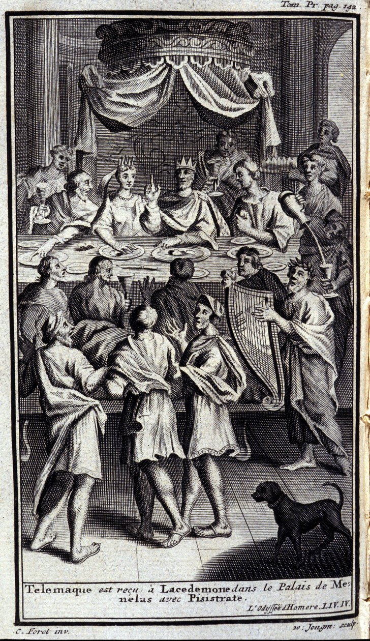 Telemaque modtages i Lacedemone i Menelas palads med Pisistrate. Illustration til bog IV af Odyssee af Homere, i Odyssee, udgivet i Amsterdam i 1731, Milano. af Flemish School