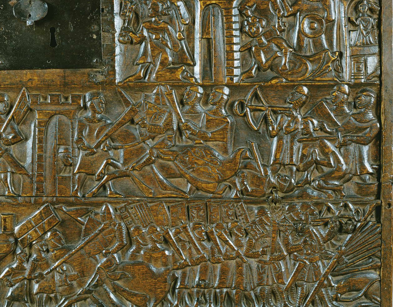 Courtrai-kisten, der skildrer opstanden i Brugge den 18. maj, under slaget ved de gyldne spor, udkæmpet i Courtrai i 1302 (træ) (detaljer) af Flemish School