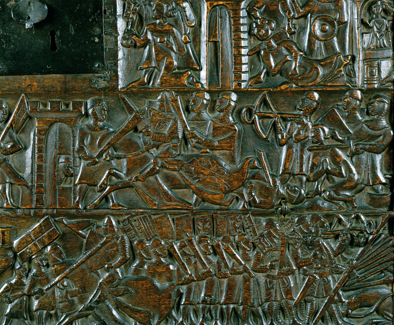 The Courtrai Chest skildrer to scener fra slaget ved de gyldne spor udkæmpet i Courtrai i 1302 (træ) (detaljer) af Flemish School