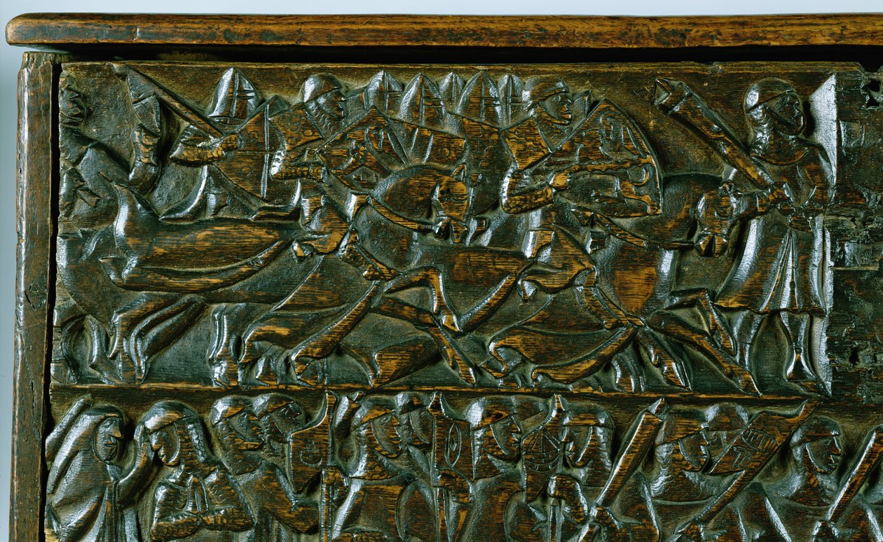 The Courtrai Chest skildrer to scener fra slaget ved de gyldne spor udkæmpet i Courtrai i 1302 (træ) (detaljer) af Flemish School
